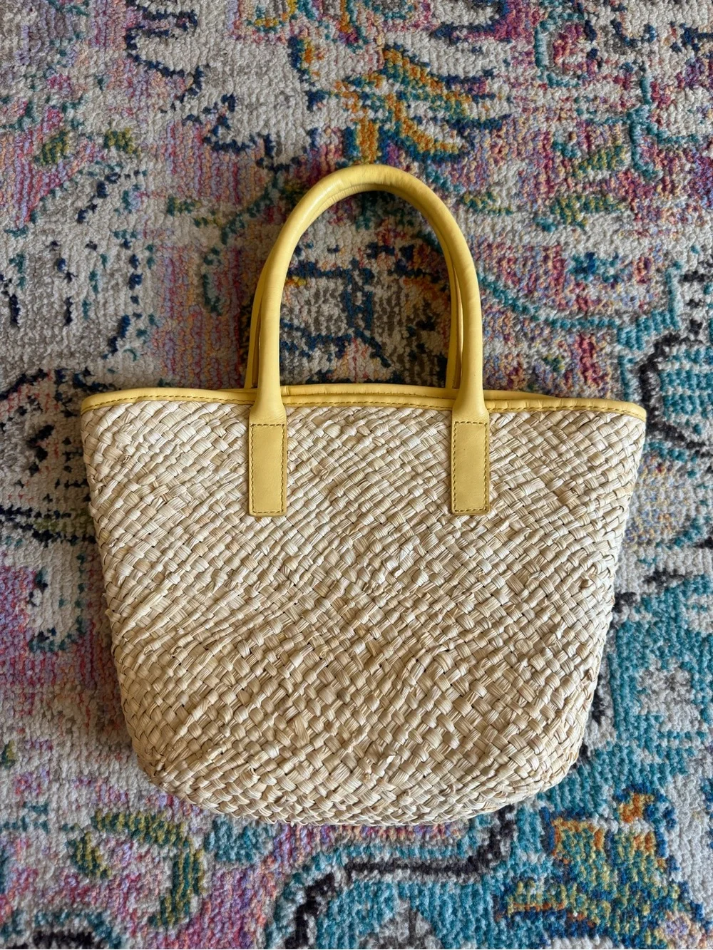 J. Crew Natural Woven Straw Mini-Tote with Yellow Leather Trim
